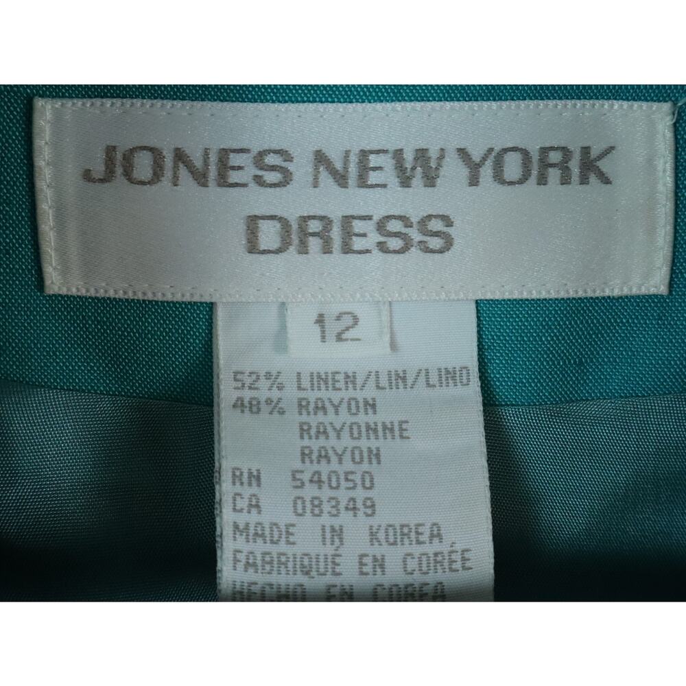 Vintage 90s Jones New York Dress LINEN Seafoam Green Mint Shift Wood Buttons 12 - Picture 6 of 7
